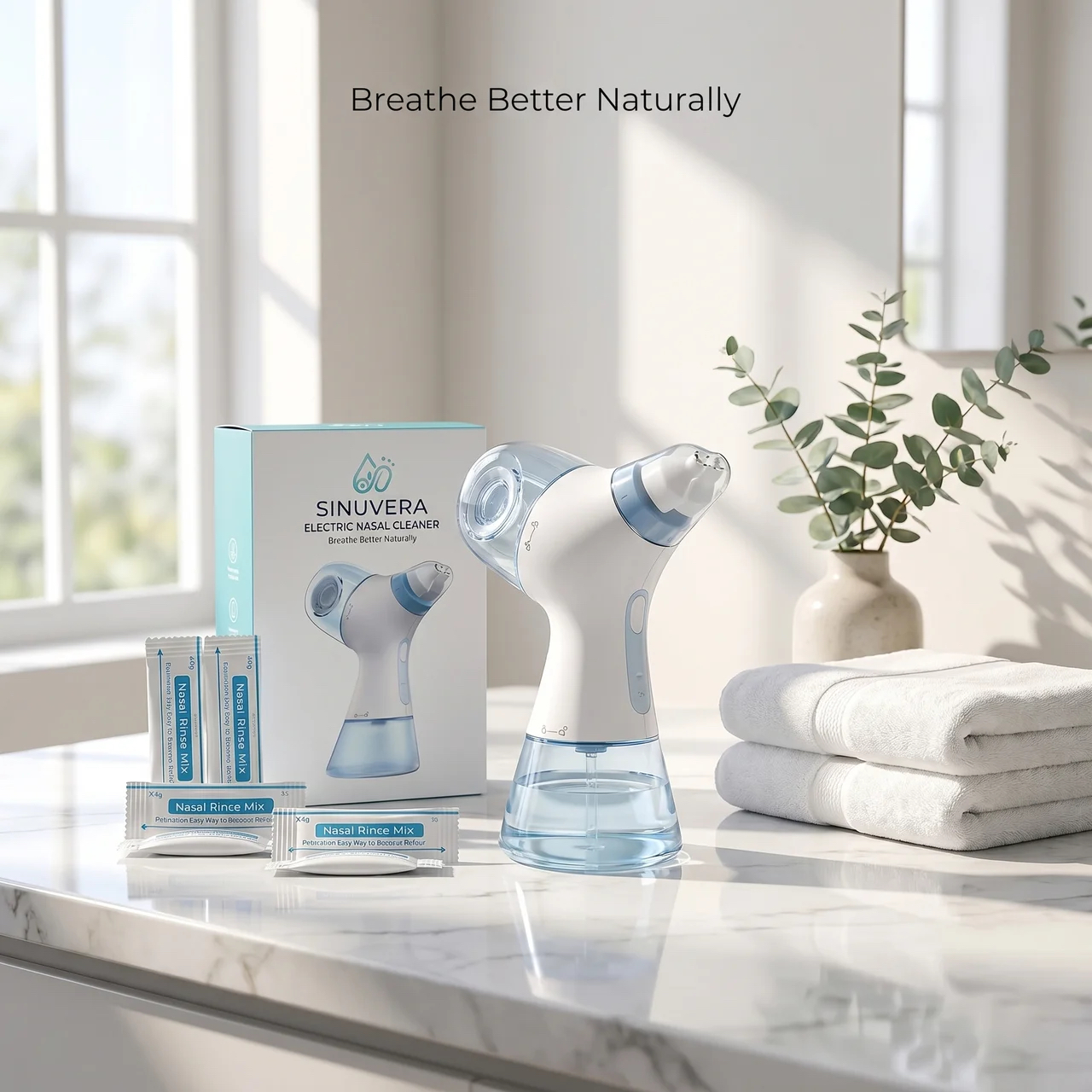 Sinuvera nasal cleanser with packaging on bathroom counter