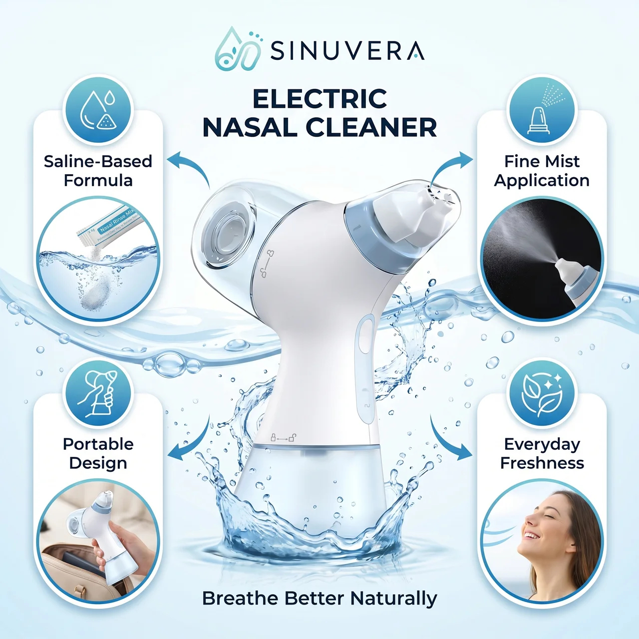 Sinuvera features — saline formula, fine mist, portable design