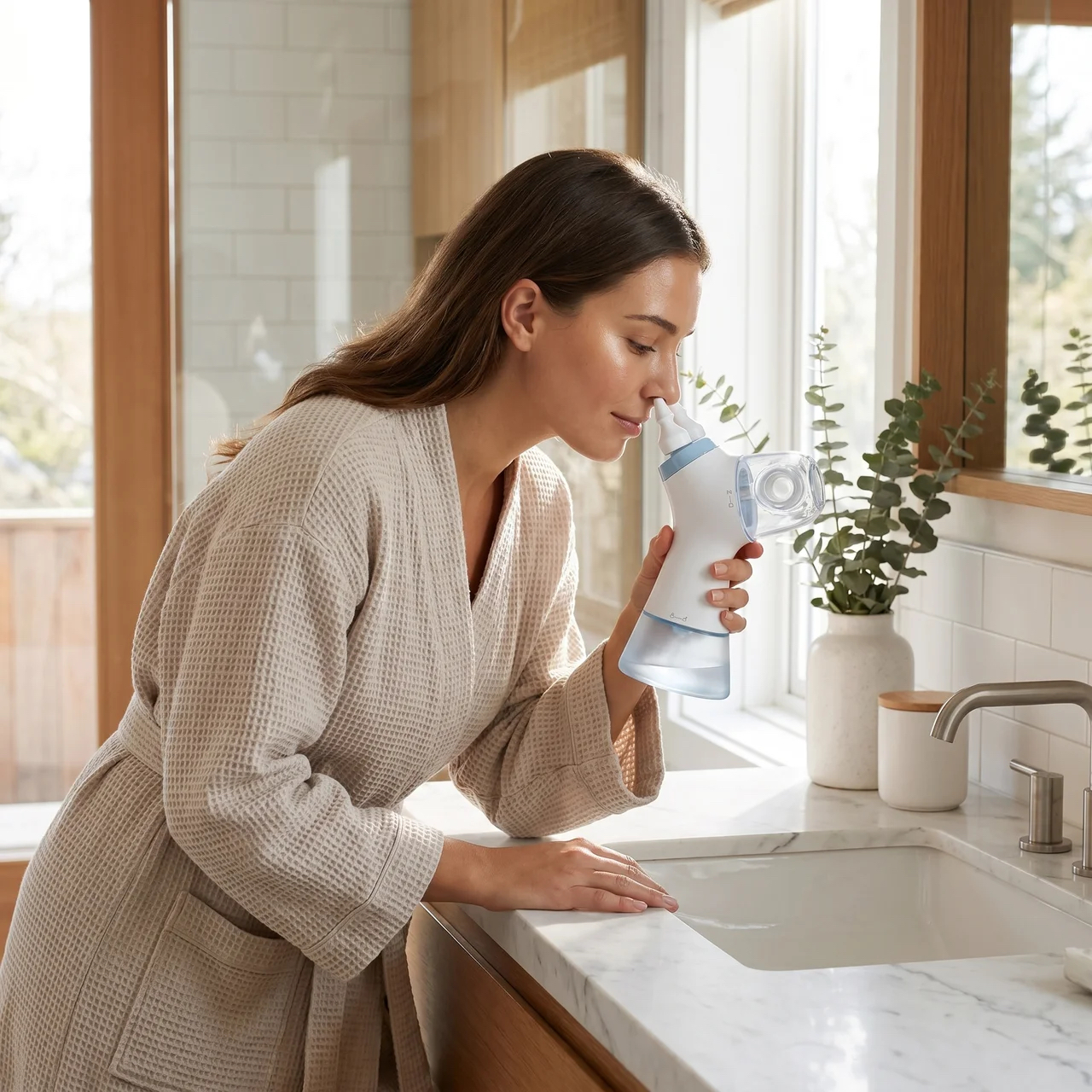 Woman using Sinuvera Electric Nasal Cleanser at the sink